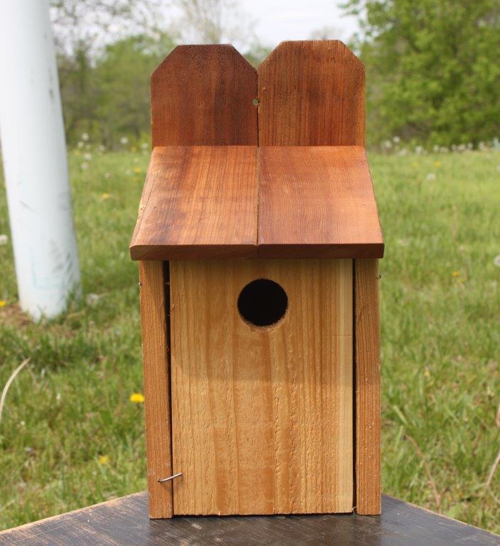 Small birdhouse made completely of wood with a tall back and a sloped roof